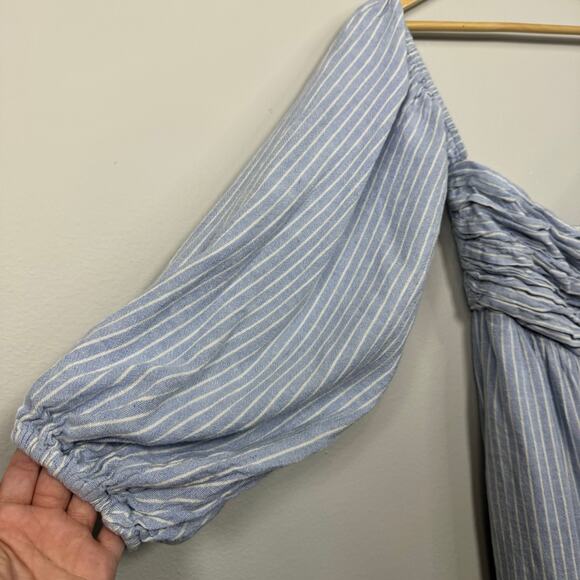 Abercrombie & Fitch Emerson Mini Dress Size Medium Tall Blue Striped Linen Short - Picture 4 of 11